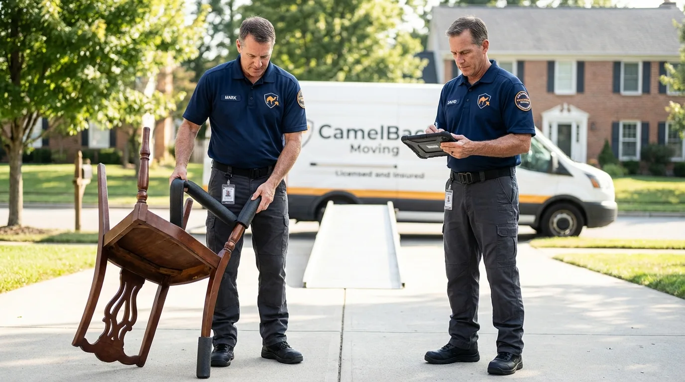 Movers inspecting furniture for damage prevention before loading in Bunkerville, NV