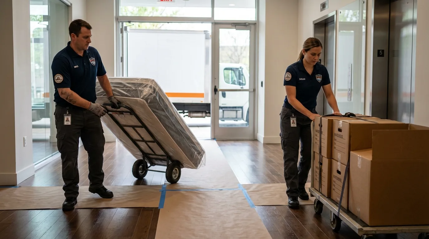 Professional apartment movers loading elevator in Bunkerville, NV
